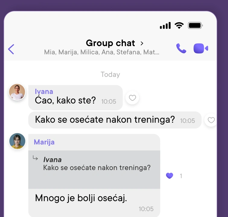 Viber grupa u kojoj Ivana pita devojke kako se osećaju posle treninga